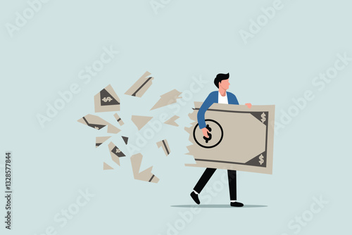 Investment in Financial Crisis, businessman holding big dollar banknote money while loss, crumble and reduce in value. Lose money investment in financial crisis concept
