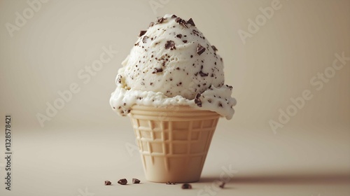 Cookies and Cream Delight: A single scoop of creamy cookies and cream ice cream, nestled in a crisp waffle cone, set against a warm backdrop, inviting a moment of pure indulgence.