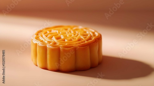Golden Mooncake: A single, intricately designed mooncake sits bathed in warm light, showcasing its delicate patterns and inviting textures.