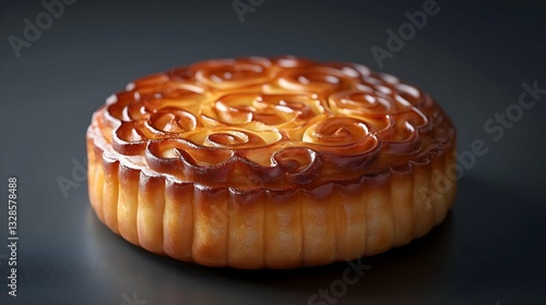 Golden Mooncake Delight: A close-up shot of a beautifully crafted mooncake, its golden crust adorned with intricate patterns, evoking the festive spirit of a cultural celebration.