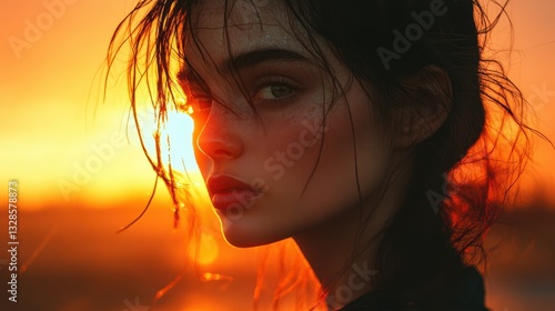 Young caucasian female posing at sunset with intense gaze and sunlit background