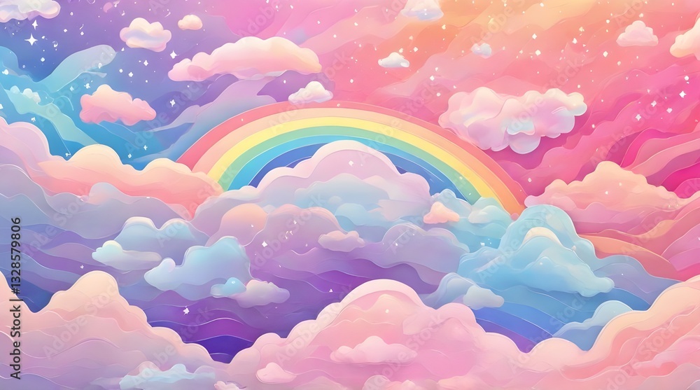 Holographic fantasy rainbow background with clouds and stars.generative.ai