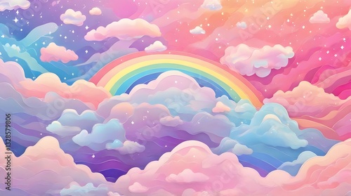 Obraz na płótnie Holographic fantasy rainbow background with clouds and stars.generative.ai w salonie