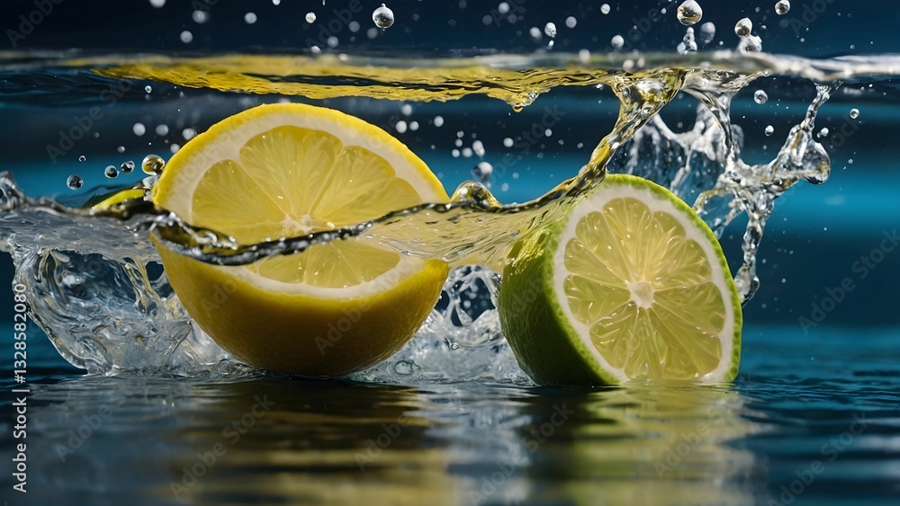 custom made wallpaper toronto digitalFreshly cut lemons splash vividly in clear water, showcasing a burst of citrus, freshness, and energy during a dynamic culinary moment Generative AI