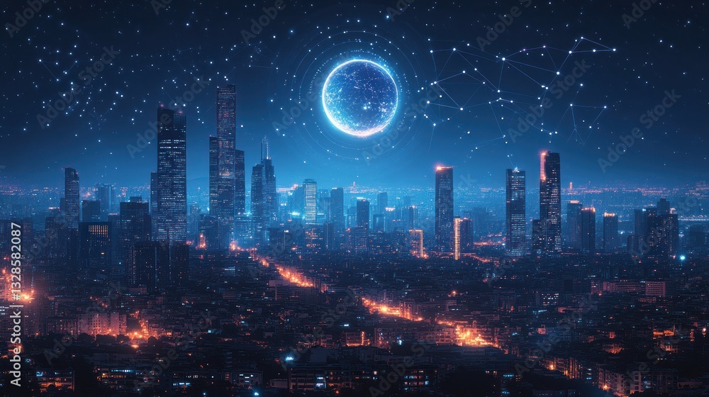 Fototapeta premium Futuristic cityscape at night with digital connections and a large moon.