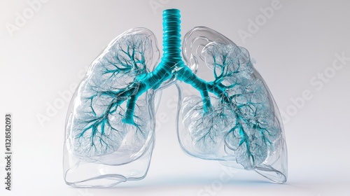 Advanced medical diagram of pulmonary system, luminous turquoise lung detail, delicate alveolar structures, transparent anatomical overlay, precise respiratory tract detail, subtle blue gradient