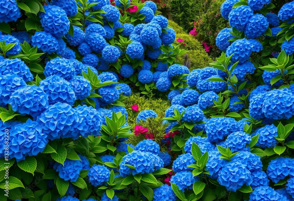 Lush Azorean garden overflowing with vibrant blue hydrangeas, garden flowers, Hydrangea Lush Azorean garden overflowing with vibrant blue hydrangeas, garden flowers, Hydrangea