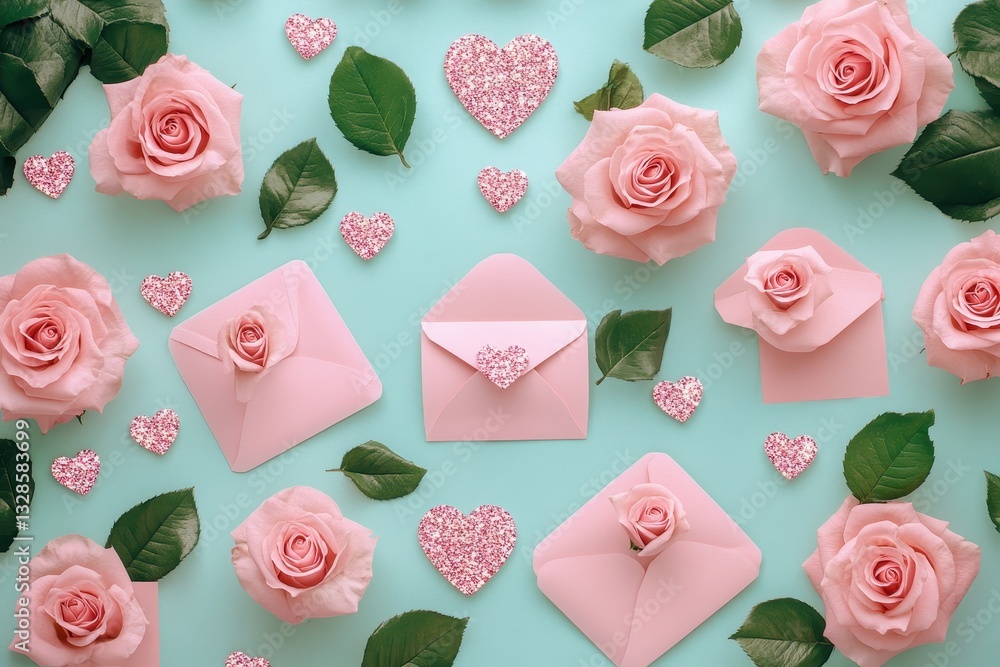 Romantic flat lay with pink roses, envelopes, and glittering hearts on a pastel green background. Romantic flat lay with pink roses, envelopes, and glittering hearts on a pastel green background.