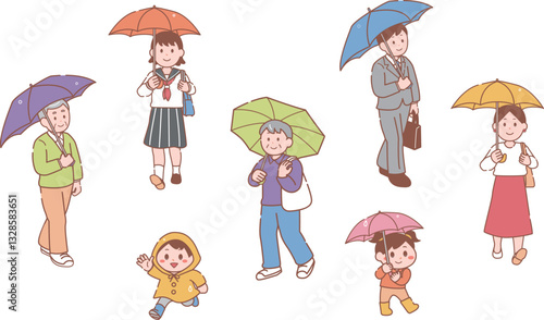 雨の日に傘をさして外出する人物イラストセット