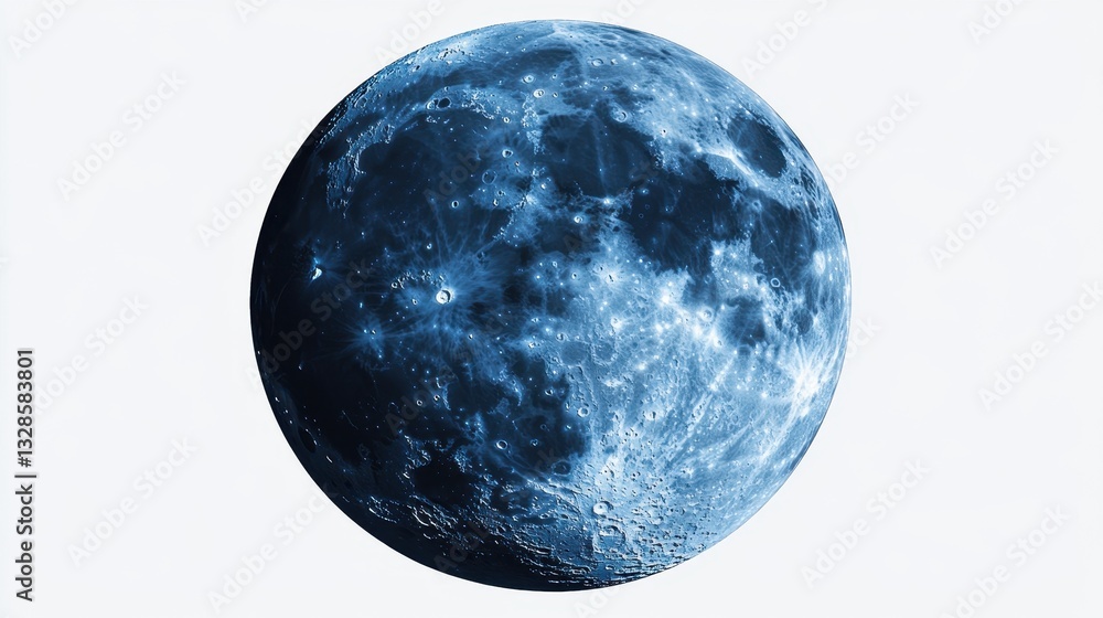 Obraz premium Detailed blue moon with craters and shadows in white background
