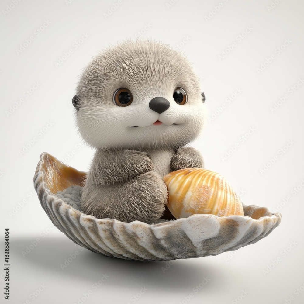 Fototapeta premium A cute cartoon otter sitting inside a giant seashell
