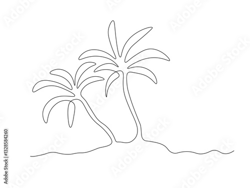 Abstract island in the ocean with palm trees, continuous single one line art hand drawing sketch logo