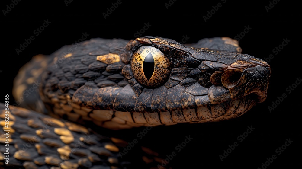 Fototapeta premium Close-up of a scaly viper snake with striking golden eyes in dark setting