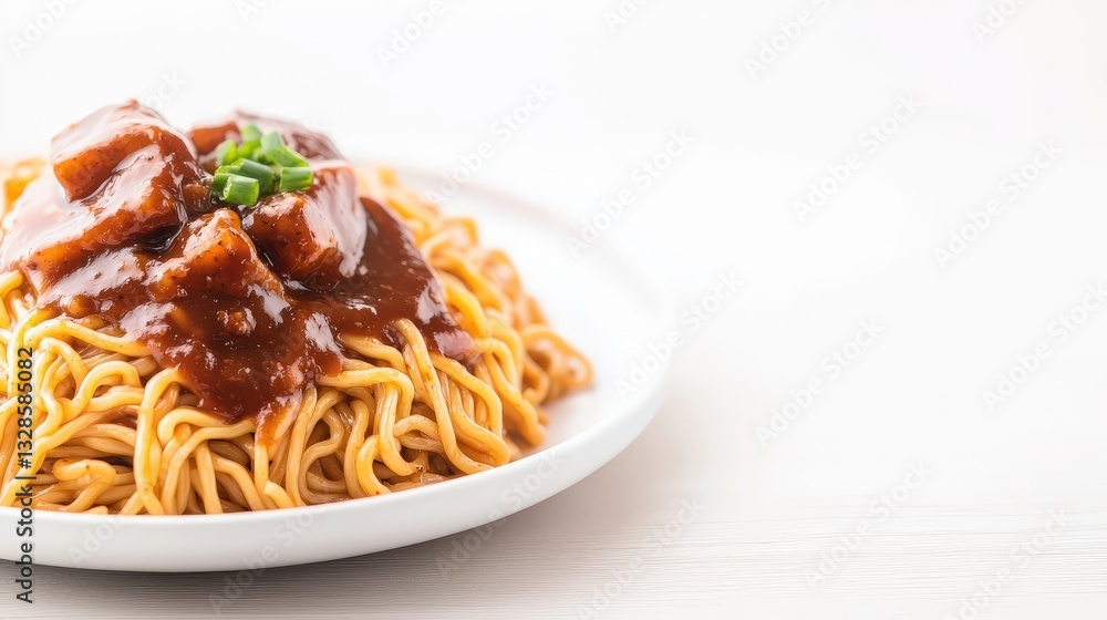 A plate of spicy korean jajangmyeon noodles with meat served on a white background for a delicious meal A plate of spicy korean jajangmyeon noodles with meat served on a white background for a delicious meal