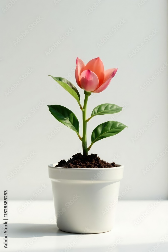 small potted plant with soil and leaves on a white background, clean, flower small potted plant with soil and leaves on a white background, clean, flower