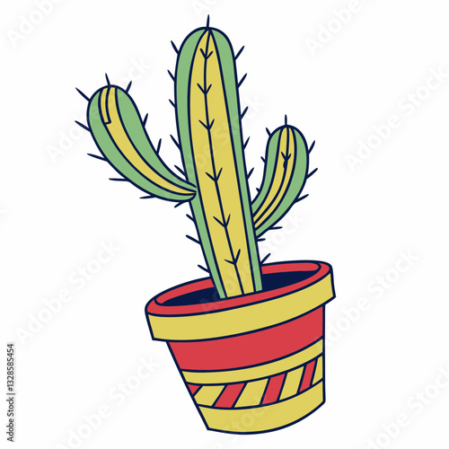 Tactus Plant in Colored Pot with Outlines Decorative Cactus Art Vector Design