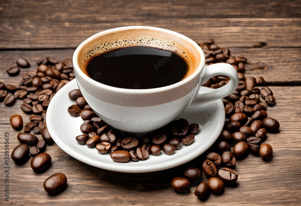 Freshly brewed coffee served in a white cup surrounded by dark roasted coffee beans on a wooden table Generative AI Freshly brewed coffee served in a white cup surrounded by dark roasted coffee beans on a wooden table Generative AI