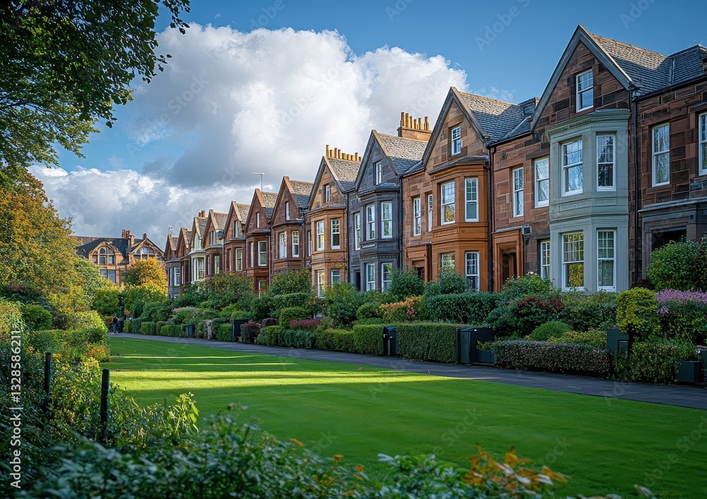Obraz premium Charming row of traditional houses with vibrant gardens showcasing greenery on a sunny day in a picturesque neighborhood with dramatic clouds