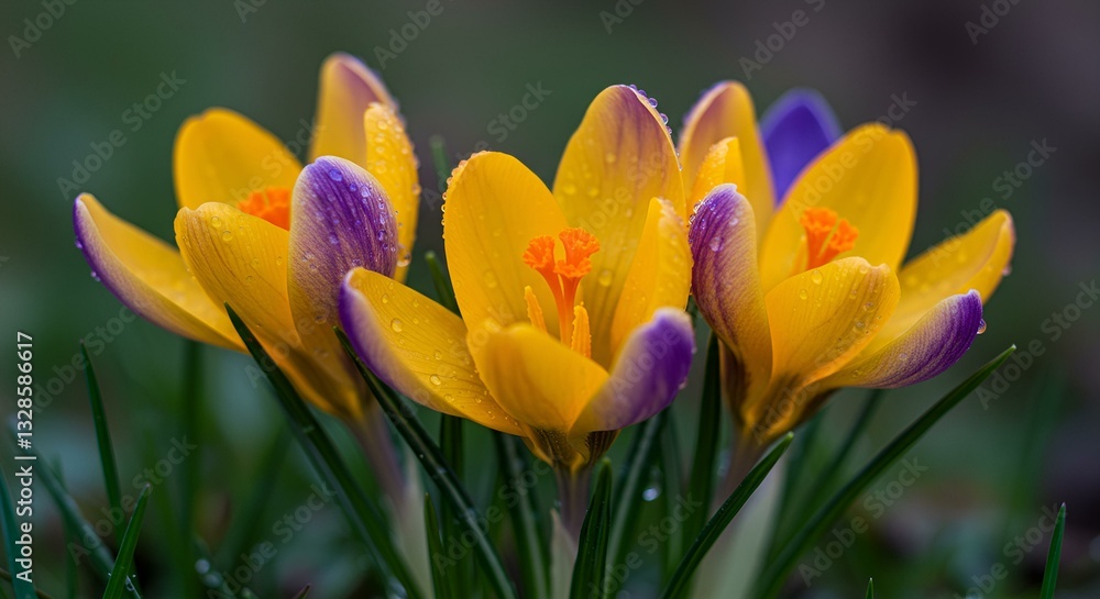 A macro shot of the first spring crocuses blooming in early sunlight, featuring vibrant yellow and deep blue petals A macro shot of the first spring crocuses blooming in early sunlight, featuring vibrant yellow and deep blue petals