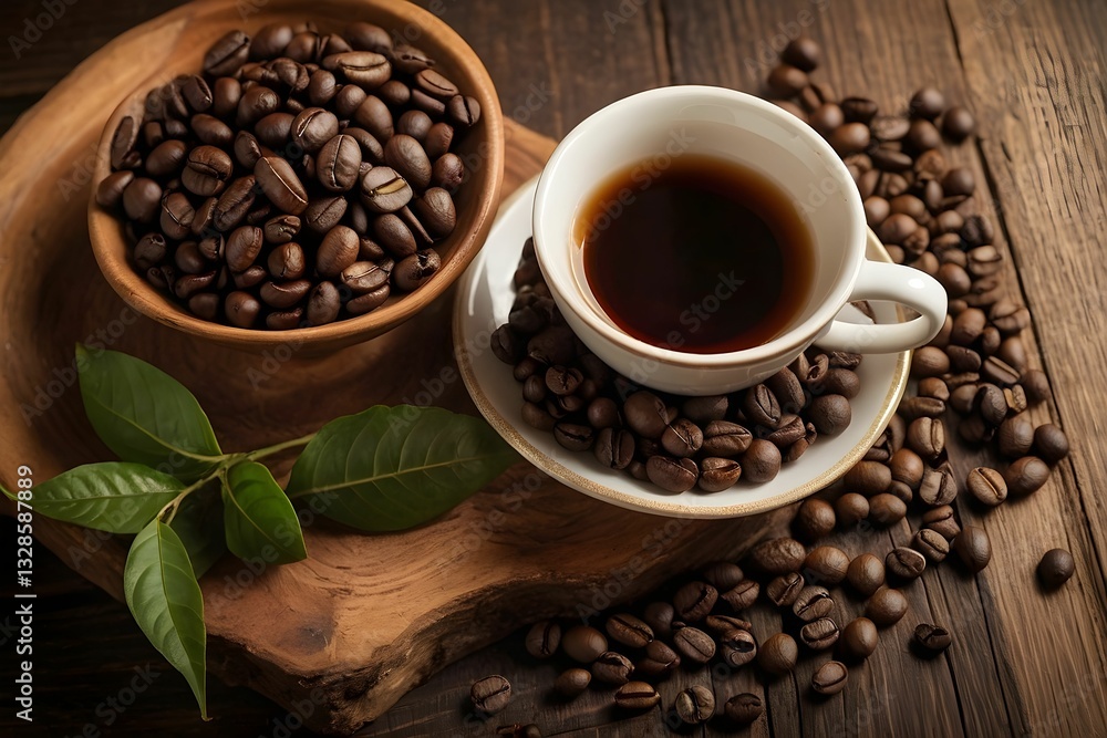 Fototapeta premium Warm cup of coffee resting on a wooden table surrounded by roasted beans and fresh leaves, showcasing a cozy morning atmosphere and the joy of brewing Generative AI