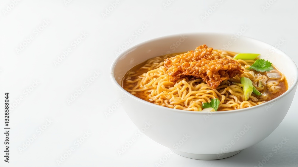 Hearty bowl of sukhothai noodles with meat in a light and flavorful broth served on a rustic table Hearty bowl of sukhothai noodles with meat in a light and flavorful broth served on a rustic table