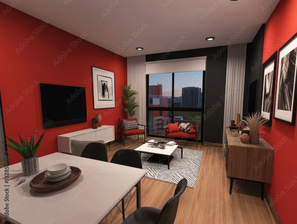 Fototapeta premium Modern apartment living room with red wall, city view.