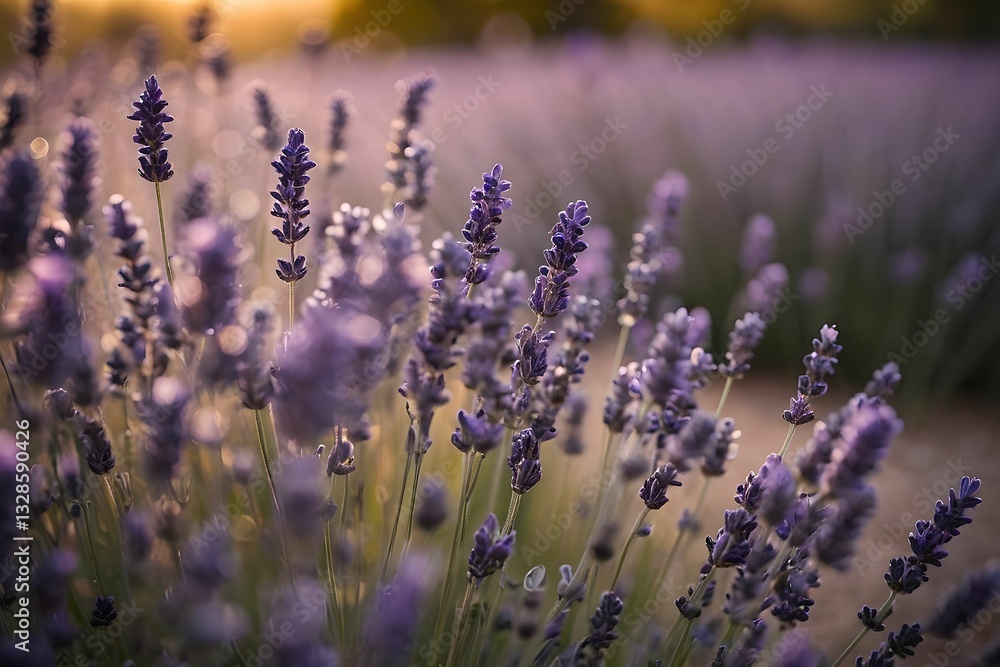 Fototapeta premium Lavender field at sunset with blooming purple flowers in a serene outdoor setting Generative AI
