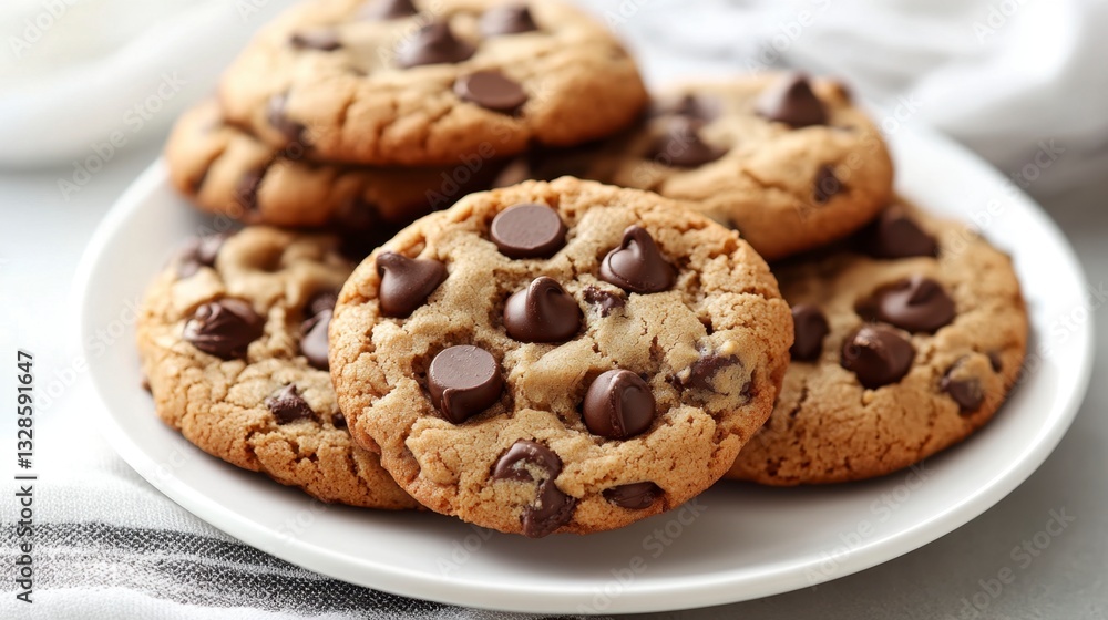 A close up shot of several freshly baked chocolate chip cookies arranged on a white plate. The cookies are golden brown with visible chocolate chips, and the overall setting is bright and inviting. A close up shot of several freshly baked chocolate chip cookies arranged on a white plate. The cookies are golden brown with visible chocolate chips, and the overall setting is bright and inviting.