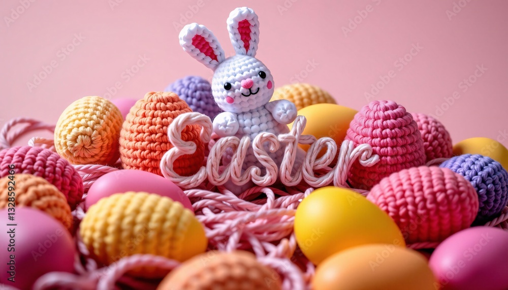 Knitted bunny with Easter text and colorful eggs on pink