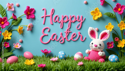 Knitted bunny with Happy Easter text, eggs, flowers on blue