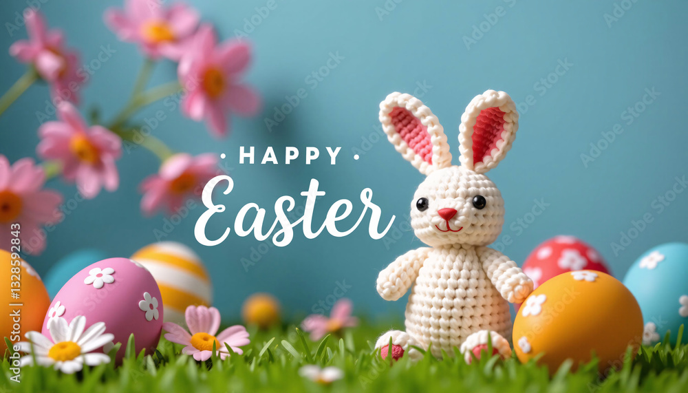 Knitted bunny with Happy Easter text, eggs, flowers on grass