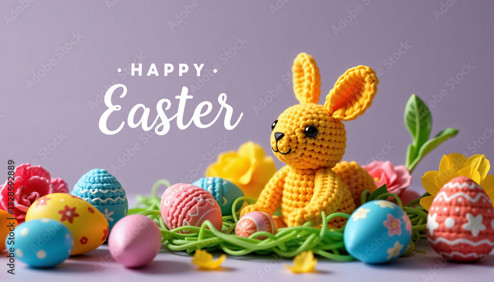 Yellow knitted bunny with Happy Easter text, eggs, flowers on purple