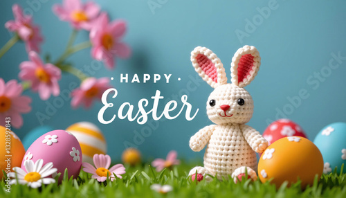 Obraz na płótnie Knitted bunny with Happy Easter text, eggs, flowers on grass w salonie
