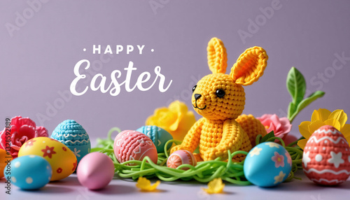 Obraz na płótnie Yellow knitted bunny with Happy Easter text, eggs, flowers on purple w salonie
