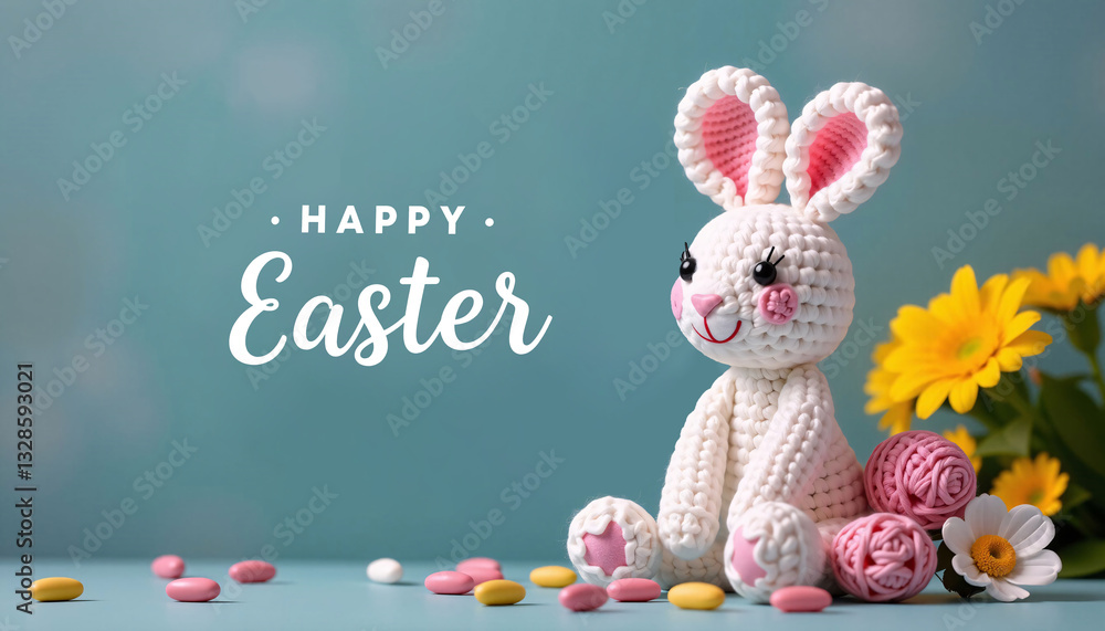 Knitted bunny with Happy Easter text, eggs, and flowers