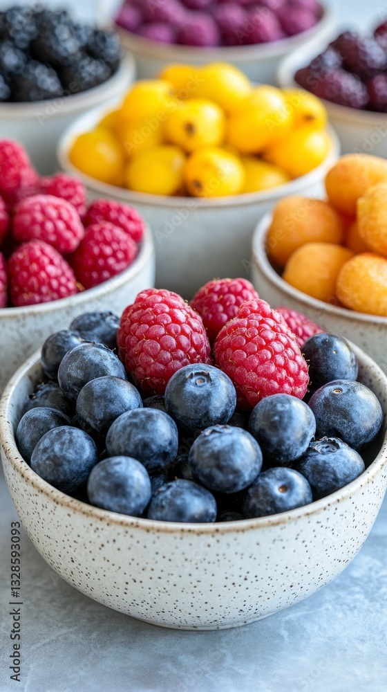 Close up view of various berries in small bowls. Raspberries, blueberries, blackberries, and yellow berries are shown, with a focus on vibrant colors and textures. Close up view of various berries in small bowls. Raspberries, blueberries, blackberries, and yellow berries are shown, with a focus on vibrant colors and textures.