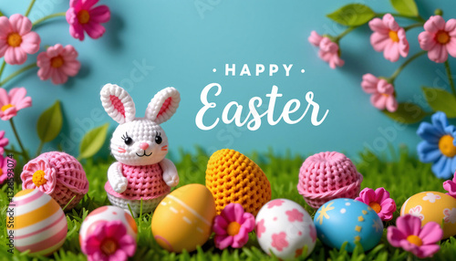 Knitted bunny with Happy Easter text, eggs, flowers on blue