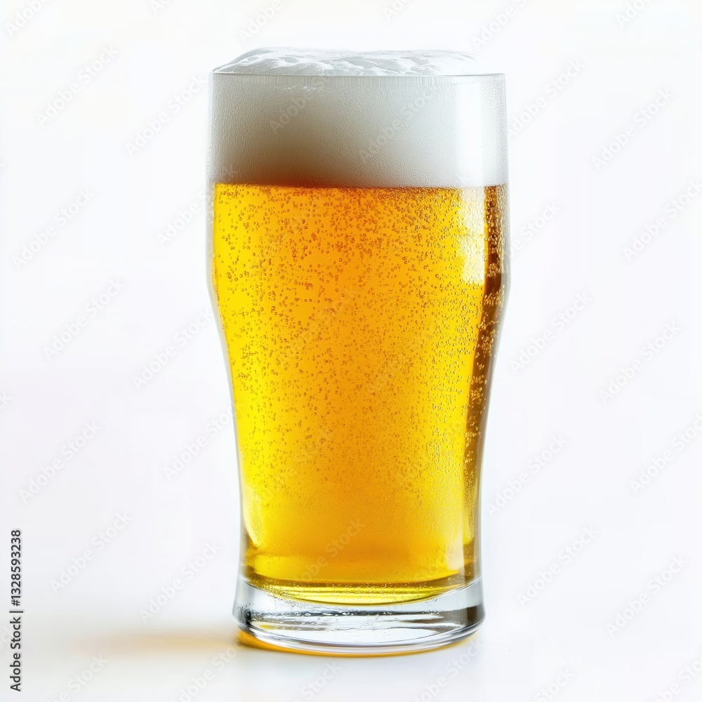 Eye-level, medium shot of a refreshing beer glass with foam. Bubbles, cool drink, beverage, celebration, party, alcohol, brewery.