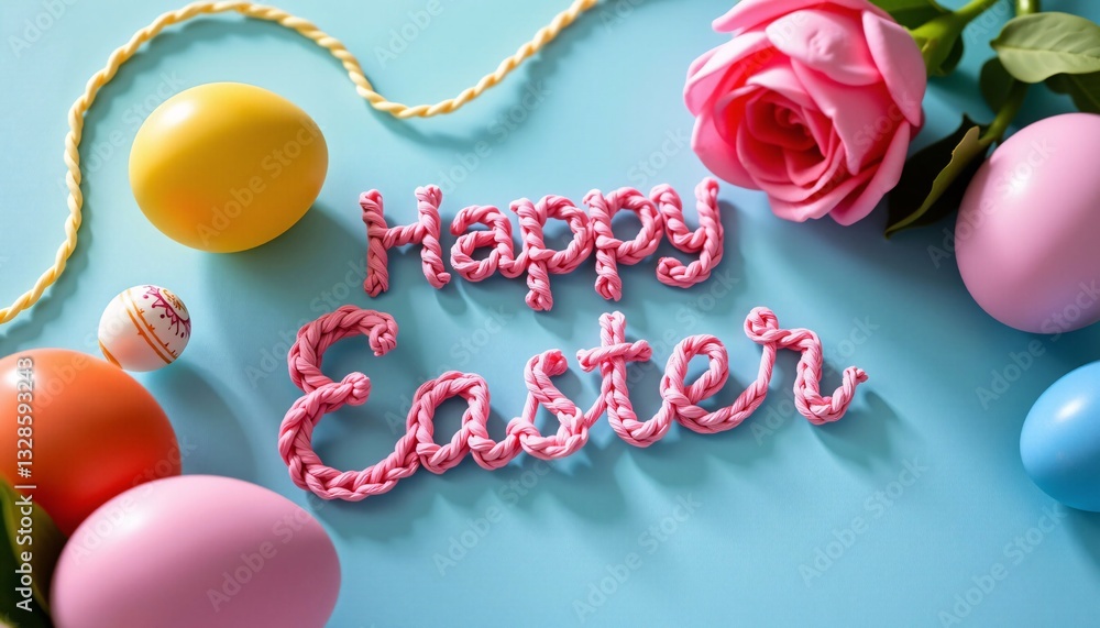 Happy Easter text with eggs and rose on blue background