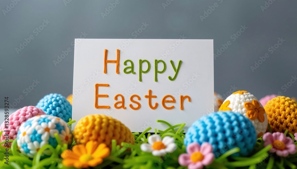 Happy Easter card with knitted eggs and flowers on grass