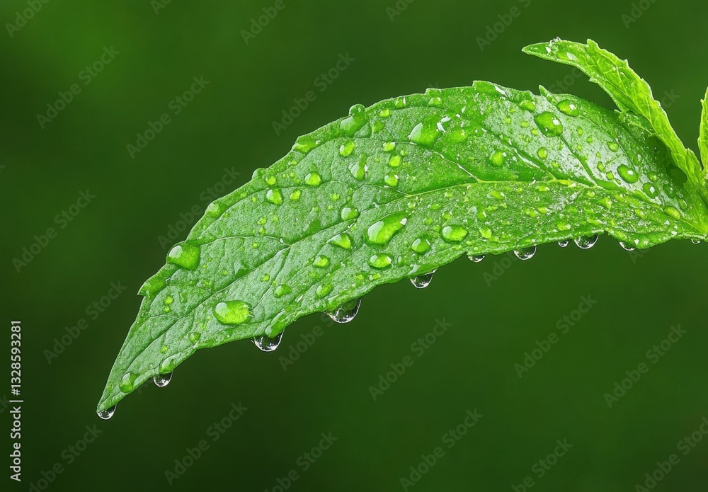 Close up of a vibrant green leaf covered in glistening water droplets against a blurred green background. The leaf's texture and the water's reflectivity are prominent. Close up of a vibrant green leaf covered in glistening water droplets against a blurred green background. The leaf's texture and the water's reflectivity are prominent.