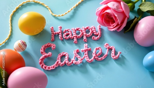 Obraz na płótnie Happy Easter text with eggs and rose on blue background w salonie