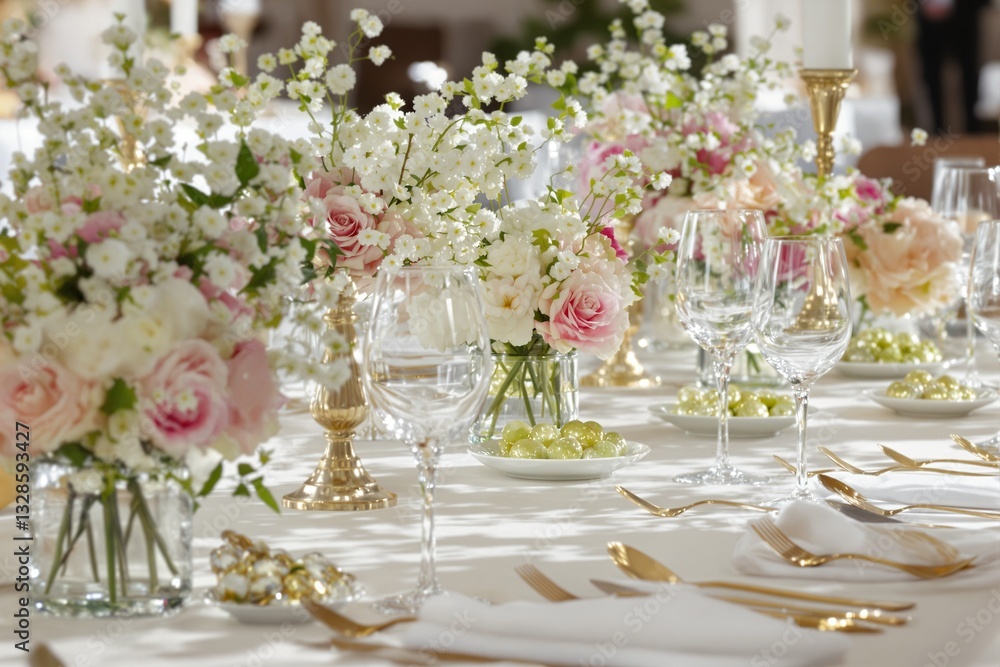 Elegant wedding table setting with floral arrangements, glassware, and golden cutlery. Elegant wedding table setting with floral arrangements, glassware, and golden cutlery.