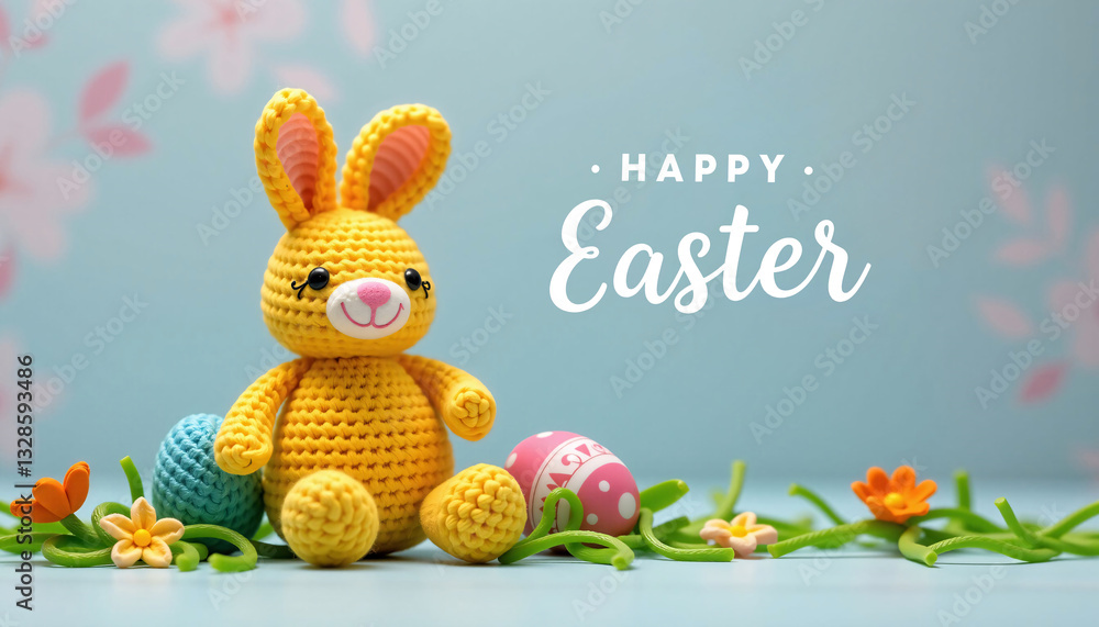 Yellow knitted bunny with Happy Easter text, eggs, flowers