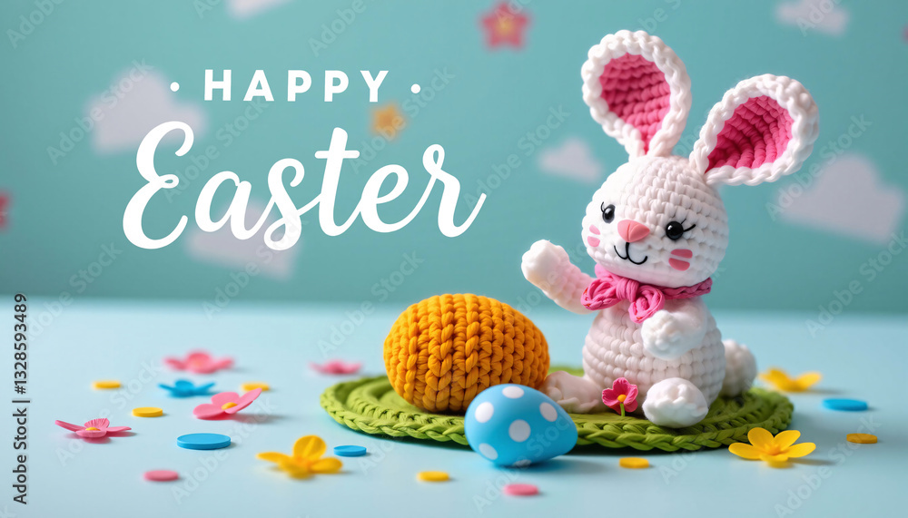Happy Easter greeting with knitted bunny and eggs on blue