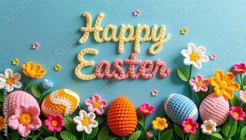 Obraz na płótnie Happy Easter text with knitted eggs and crochet flowers on blue w salonie