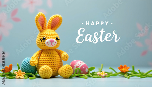 Obraz na płótnie Yellow knitted bunny with Happy Easter text, eggs, flowers w salonie