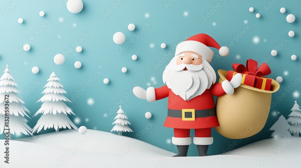 A festive paper art style Santa Claus holding a big sack of presents. A paper art Style 3d A festive paper art style Santa Claus holding a big sack of presents. A paper art Style 3d