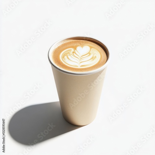 Minimalist Flat Lay Latte Art in Paper Cup, Morning Coffee, Drink, Cafe, White Background, Shadow, Coffee Break.
