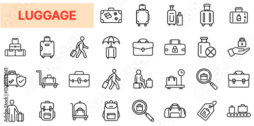 Luggage and Travel Bags Line Icons Set – Suitcases, Backpacks, Carry-On, Baggage Claim, Travel Security, Business Briefcase, Airport Trolley, Lost & Found, Vacation Packing